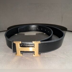 Black Leather Belt with Gold Buckle